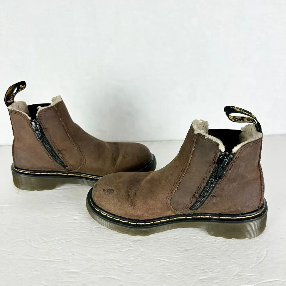 Dr Martens Junior 2976 Leonore Chelsea Boots Size 13 Brown Faux Fur Lined